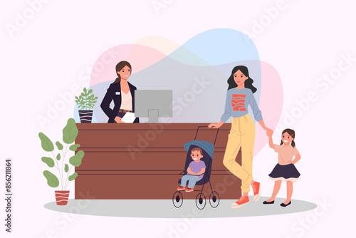 Mother with children at office reception desk vector illustration. Woman with little girl and bow talking to receptionist at counter in hallway. Consulting concept
