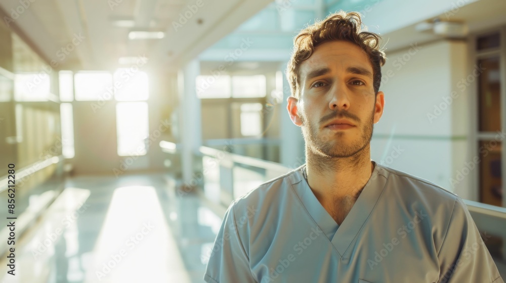 Man in medical attire standing in a brightly lit hallway with a serious expression. Man in medical attire standing in a brightly lit hallway with a serious expression.
