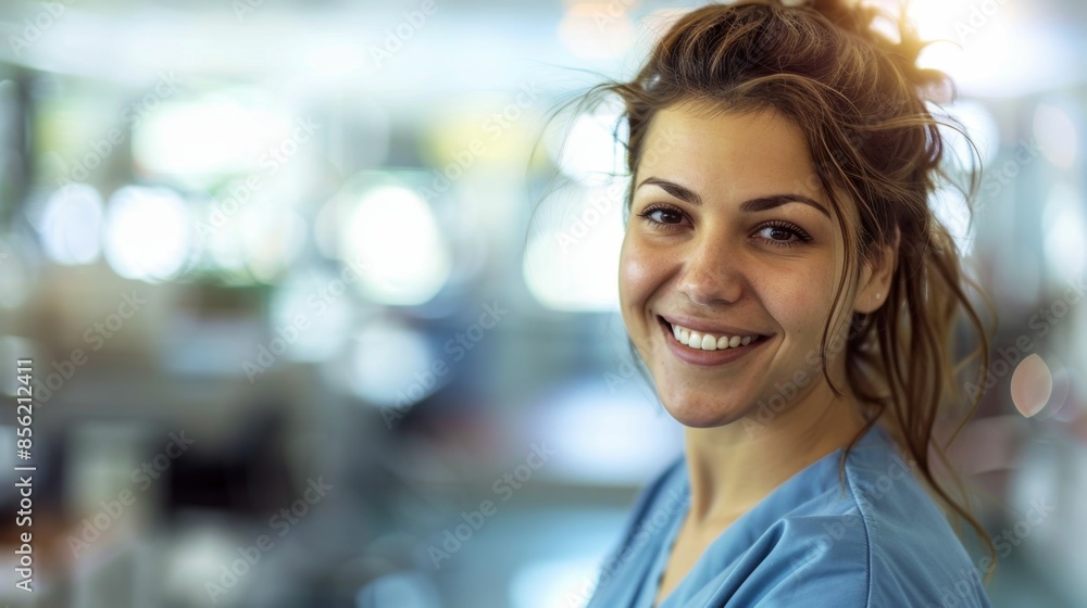 Fototapeta premium Smiling woman with brown hair wearing blue top standing in brightly lit room with blurred background.
