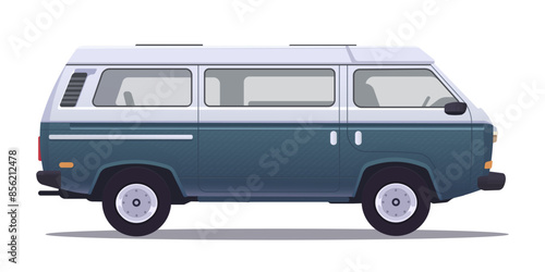 Blue and white camper van in a flat design style on a white background. Concept of travel and adventure. Vector illustration
