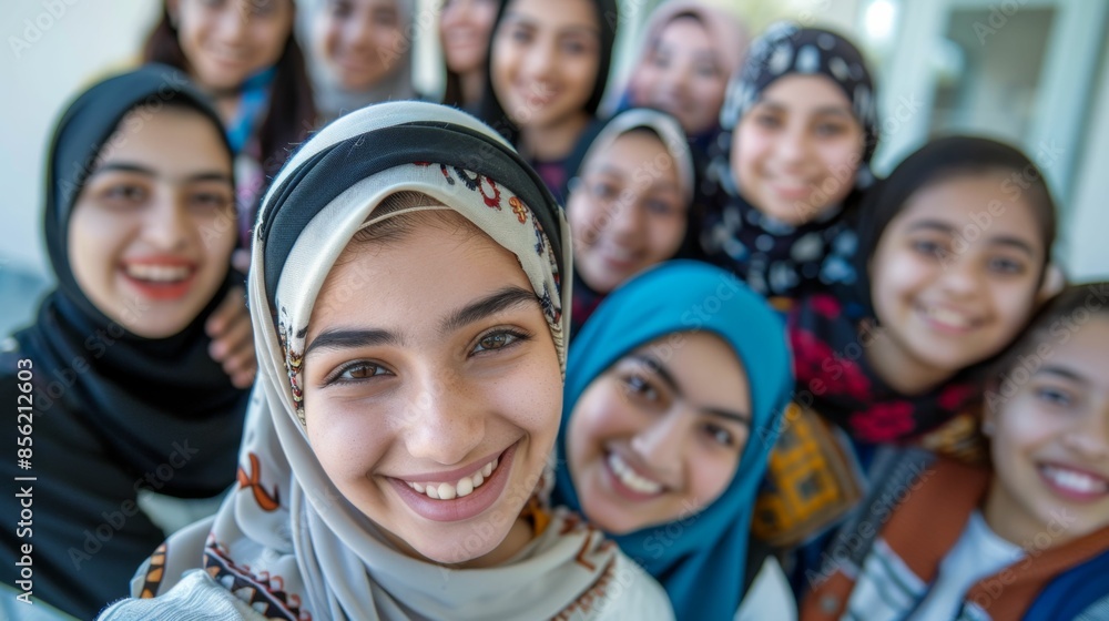 A group of young women smiling and posing for a selfie showcasing a variety of colorful headscarves and cultural diversity. A group of young women smiling and posing for a selfie showcasing a variety of colorful headscarves and cultural diversity.