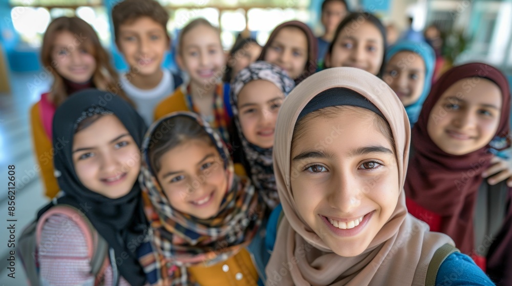 A group of young girls some wearing hijabs smiling and posing for a selfie. A group of young girls some wearing hijabs smiling and posing for a selfie.