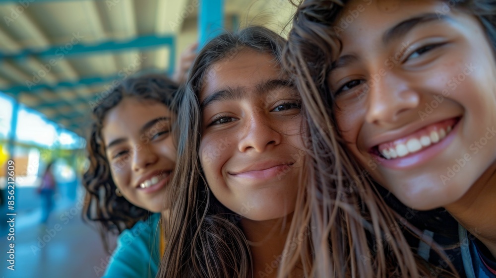 Obraz premium Three young girls with long hair smiling brightly posing together for a selfie under a blue structure with sunlight streaming through.