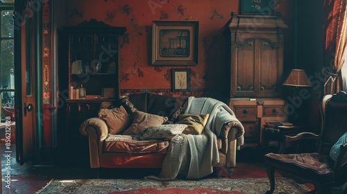 Vintage living room with a tufted leather sofa adorned with cushions and a knitted throw, set against a backdrop of red floral wallpaper photo