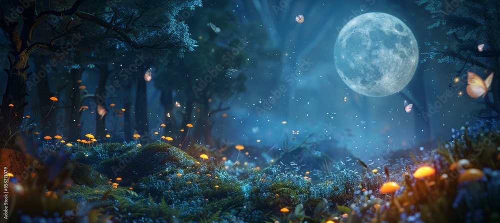 Enchanting Full Moon Night in Mystical Forest with Glowing Mushrooms and Fairies Fluttering Around Enchanting Full Moon Night in Mystical Forest with Glowing Mushrooms and Fairies Fluttering Around