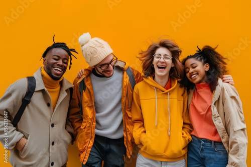 A group of diverse friends, standing in a casual pose and laughing together, isolated on a solid vibrant yellow background 