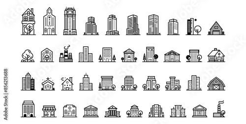 Various black and white building icon set including houses, offices, and churches, minimalist design, white background. Vector illustration
