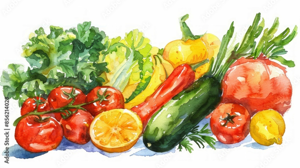 some fruits and vegetables on a white plain background, watercolor some fruits and vegetables on a white plain background, watercolor