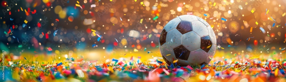 Soccer ball on a field with colorful confetti Soccer ball on a field with colorful confetti