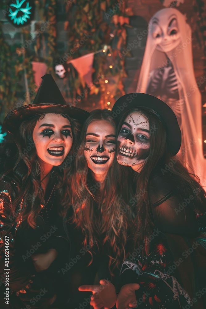 Fototapeta premium Halloween Photo Booth Fun with Friends in Spooky Costumes and Festive Decorations