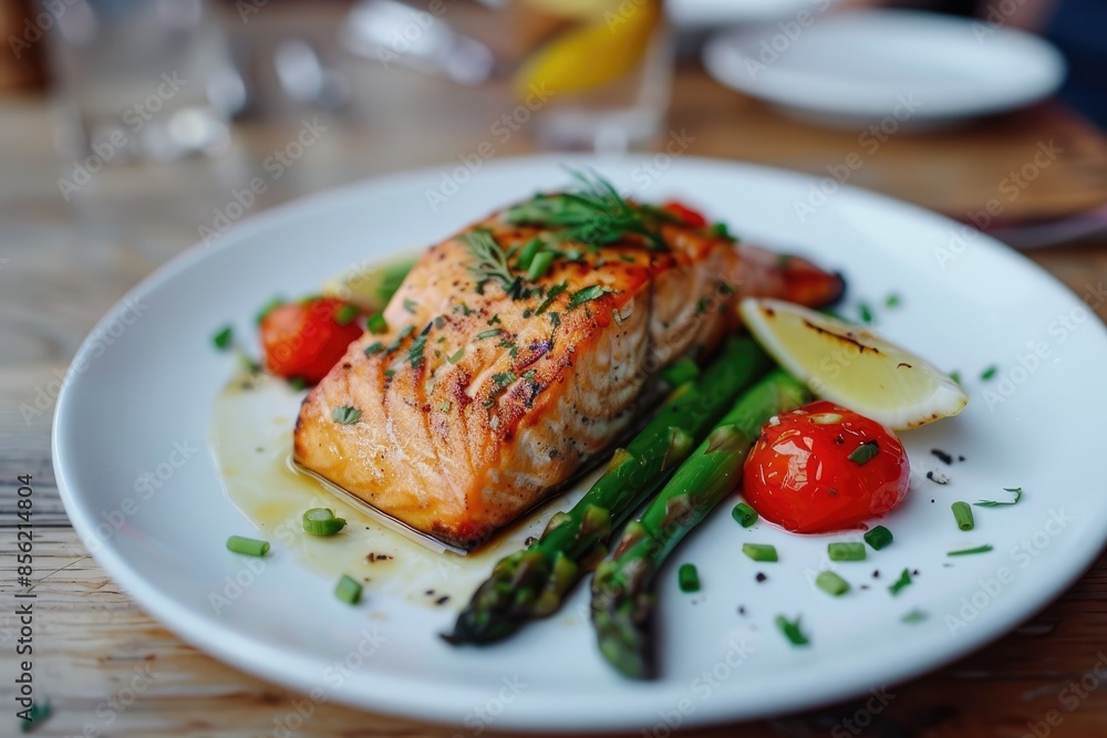 A beautifully arranged plate of grilled salmon with a side of asparagus A beautifully arranged plate of grilled salmon with a side of asparagus