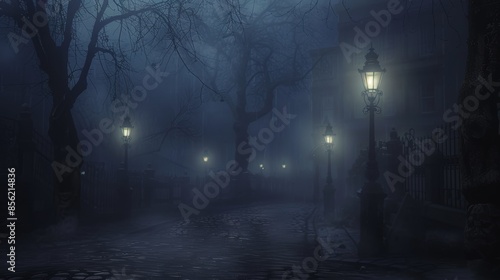 Spooky Victorian Street with Fog, Gas Lamps, and Mystical Figures for Halloween Posters and Cards photo