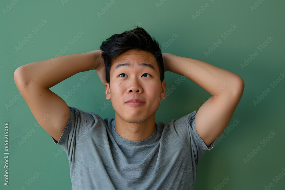 Portrait of young Asian man posing on green background. Portrait of young Asian man posing on green background.