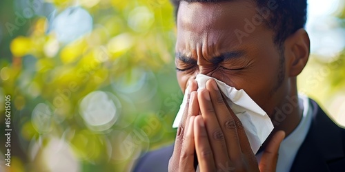 Professional man sneezing with a tissue