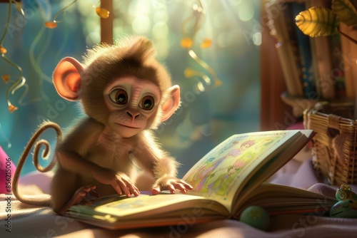 a little monkey is reading a book in a room photo