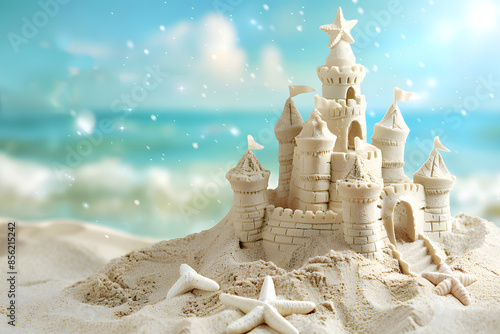 Sand castle on the beach with bokeh background.