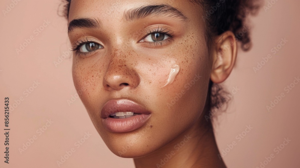 A close-up of a woman with a soft glowing complexion featuring freckles and a touch of cream on her cheek set against a soft pink background. A close-up of a woman with a soft glowing complexion featuring freckles and a touch of cream on her cheek set against a soft pink background.