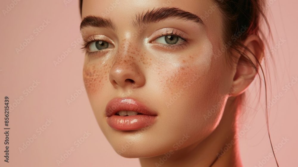 A close-up of a woman with a soft glowing complexion featuring rosy cheeks full lips and striking green eyes set against a soft pink background. A close-up of a woman with a soft glowing complexion featuring rosy cheeks full lips and striking green eyes set against a soft pink background.