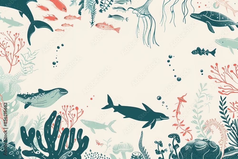 Sea life panorama with diverse marine creatures and coral reefs Sea life panorama with diverse marine creatures and coral reefs