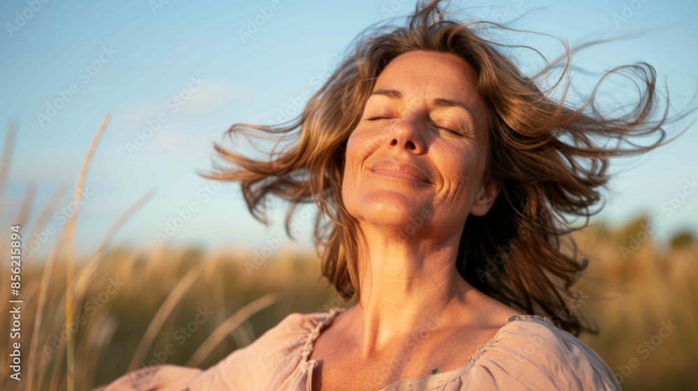 A woman with closed eyes smiling and her hair blowing in the wind standing in a field with tall grasses under a blue sky. A woman with closed eyes smiling and her hair blowing in the wind standing in a field with tall grasses under a blue sky.