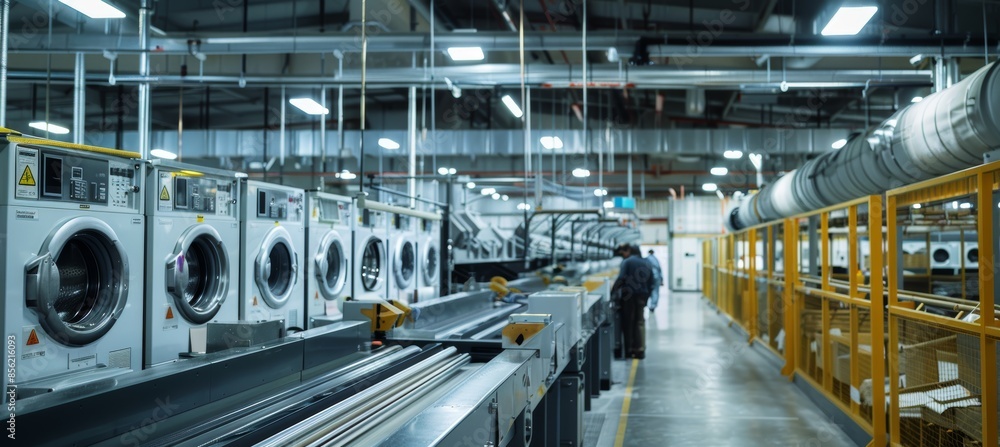 Fototapeta premium Industrial Laundry Facility with Large Washing Machines and Conveyor Belts for Efficient Textile Management
