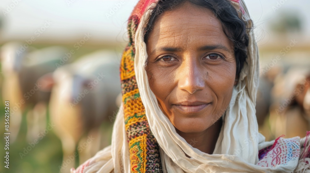 A woman with a warm smile wearing a traditional headscarf stands amidst a herd of sheep in a pastoral setting. A woman with a warm smile wearing a traditional headscarf stands amidst a herd of sheep in a pastoral setting.