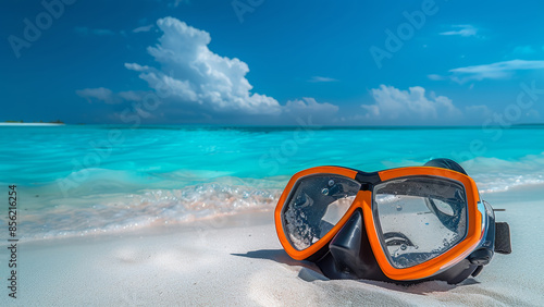 Close-up of snorkeling mask on tropical beach with turquoise water and blue sky