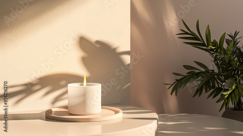 White candle mockup with sunlight , shadows,  lighten candle on a wooden plank