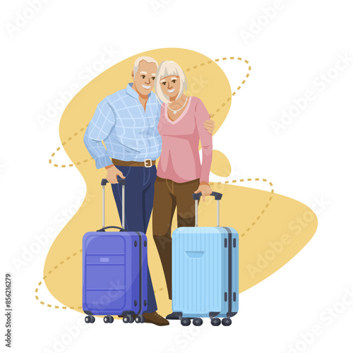 Elderly couple with suitcases ready for travel on a white background, representing a concept of senior travel. Vector illustration