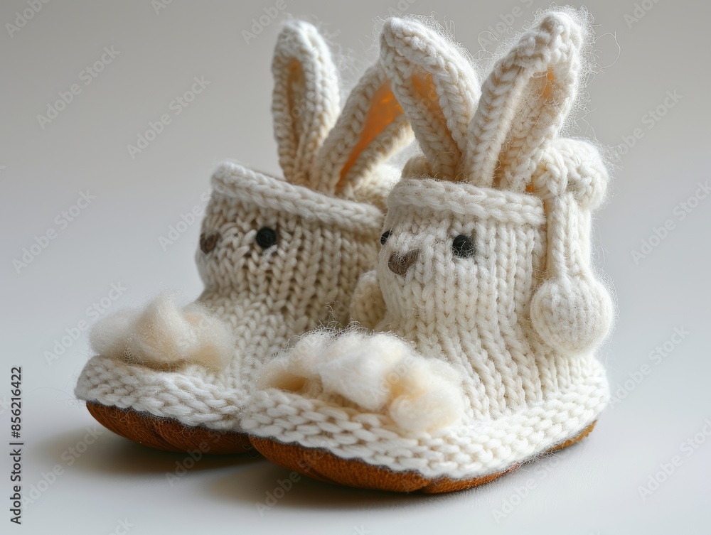 Fototapeta premium Adorable Baby Booties with Bunny Ears on White Background Generative AI