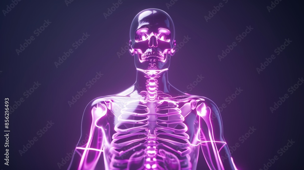 Detailed body scan, human silhouette with highlighted internal anatomy on a dark purple background, neon-lit bones and organs, futuristic medical technology, high precision Detailed body scan, human silhouette with highlighted internal anatomy on a dark purple background, neon-lit bones and organs, futuristic medical technology, high precision