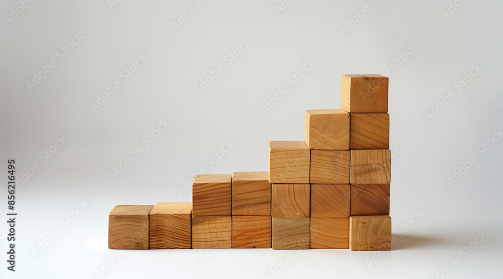 Wooden blocks arranged in the shape of an upward graph on a light background, concept for business growth or success with copy space. The blocks are arranged in the style of an upw Wooden blocks arranged in the shape of an upward graph on a light background, concept for business growth or success with copy space. The blocks are arranged in the style of an upw