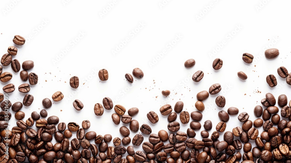 Coffee beans in a designated spot for text on a white background from a top perspective Coffee beans in a designated spot for text on a white background from a top perspective