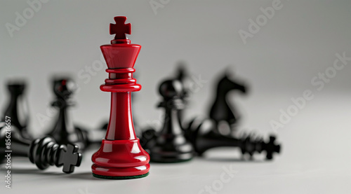 A red chess piece stands out among black ones on a white background, representing the concept of competition and victory in business or a wrestling game. The king figure symbolizes photo