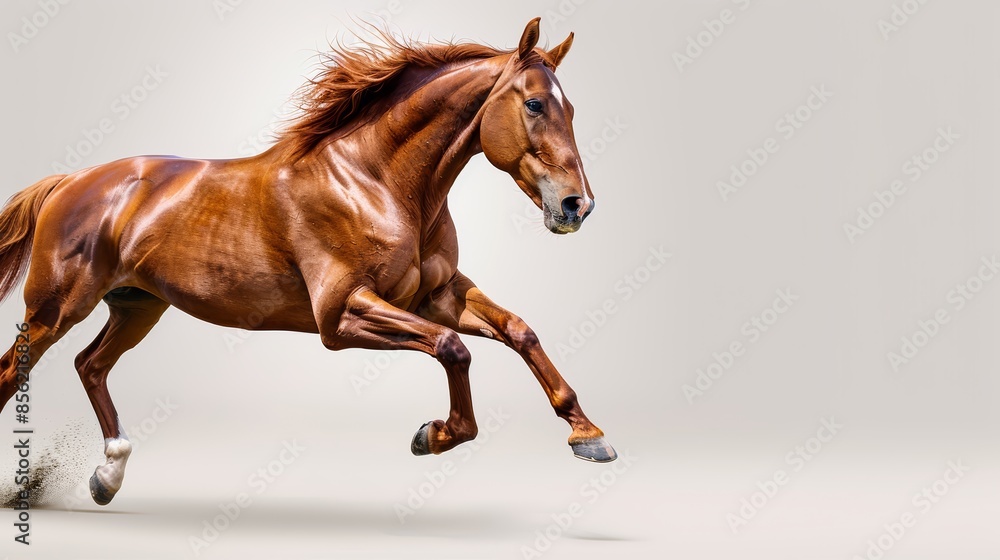 Obraz premium Dynamic image of a horse galloping, captured mid-stride with muscles tensed, mane and tail flying, isolated on a light background