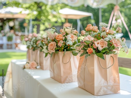 Garden Party Celebration with Gift Bags and Flowers Generative AI