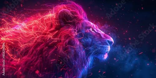 Neon lion artwork with a glowing effect photo