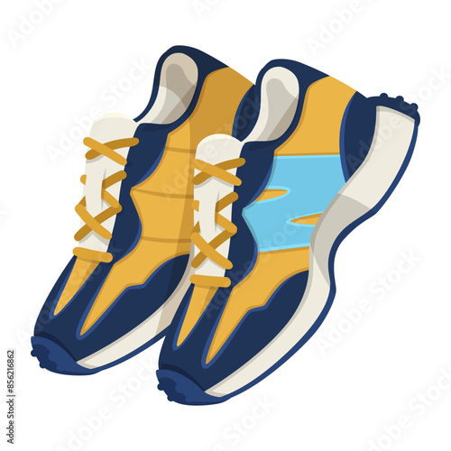 A pair of colorful sports shoes with blue and yellow sections on a white background. Vector illustration