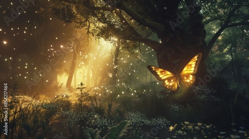 a moth flying through a mystical forest spreading some light particles behind photo