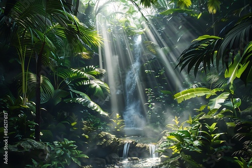 A backdrop of a lush rainforest with a hidden waterfall and rays of light filtering through the canopy