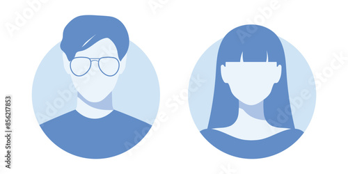 Abstract female and male faceless portraits, avatars or anonymous profiles. Woman and man abstract icons. Vector illustration