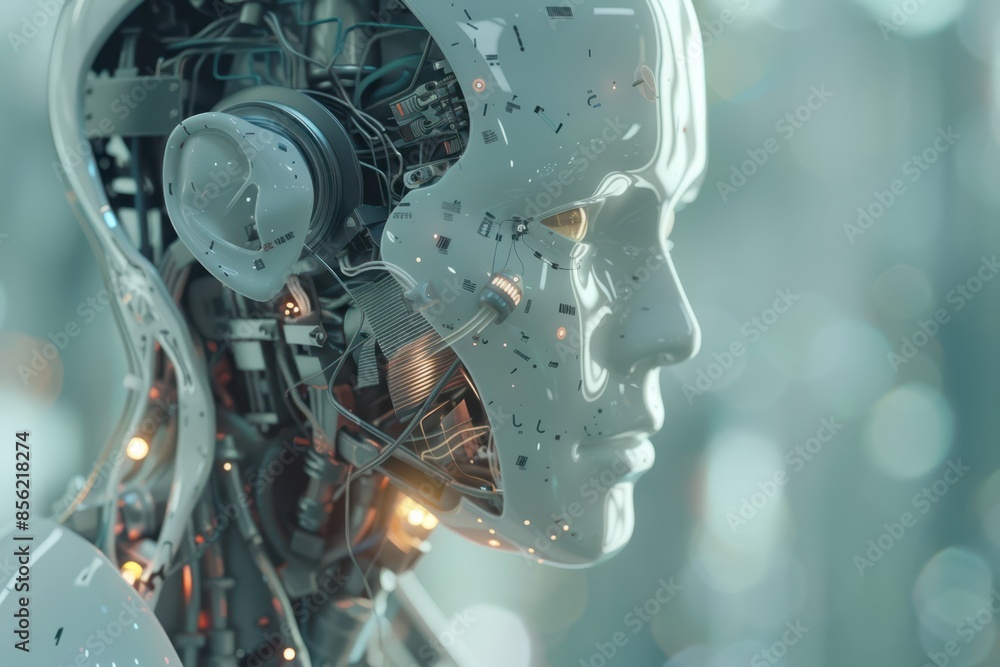 Fototapeta premium the robot head is made up of wires and wires