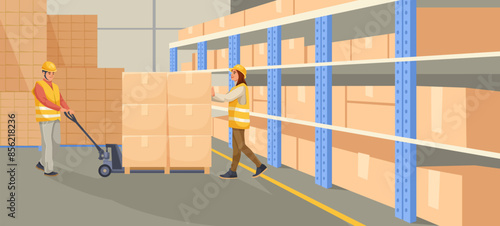 Two workers in a warehouse handling packed boxes. Vector illustration on a light background. Concept of logistics and supply chain management. Vector illustration