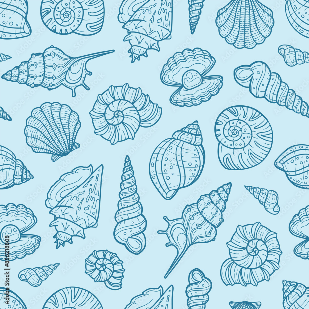 Dark blue monochromatic detailed seashell line art on an aqua background. Seamless repeated surface vector pattern design.