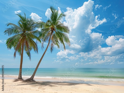 Palm trees on beautiful tropical beach with blue sky with white clouds, copy space of summer vacation and business travel concept background © shooreeq