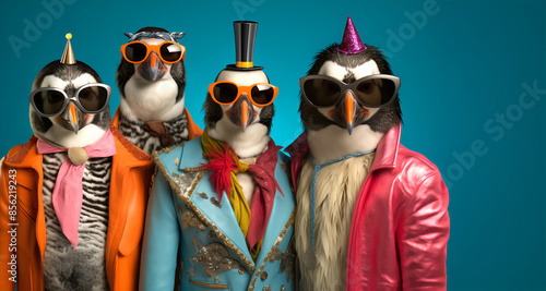 Creative animal concept. Group of penguin birds in funky Wacky wild mismatch colourful outfits on bright background advertisement, copy space. birthday party invite invitation banner