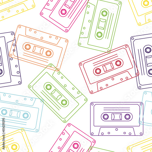 90s retro elements. Seamless pattern of cassettes with audio tapes. Aesthetics of the 90s. Line art graphics