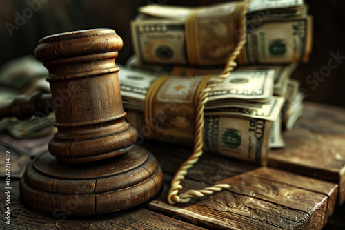 Judge gavel with US dollars on brown wooden desk close up .Concept for coruption . Ai generative photo