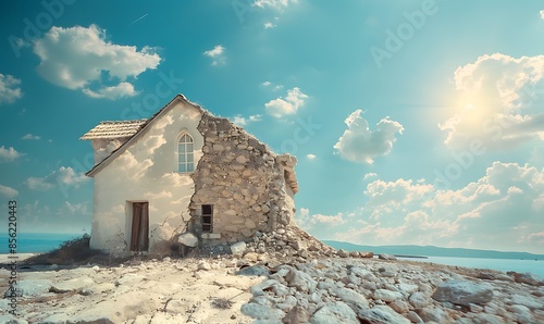 Dramatic contrast of a crumbling house on sand and a sturdy house on a rock, symbolizing the teachings of Jesus under a sunny blue sky photo