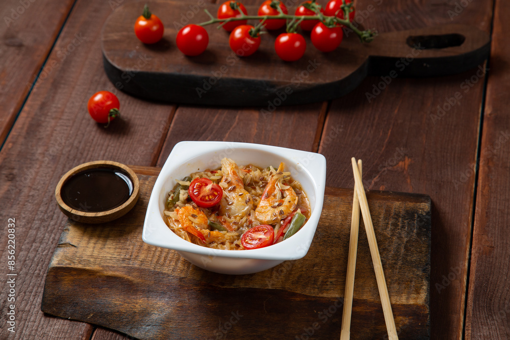 shrimp and rice yaki soba sauce next to cherry tomatoes soy sauce and chopsticks shrimp and rice yaki soba sauce next to cherry tomatoes soy sauce and chopsticks
